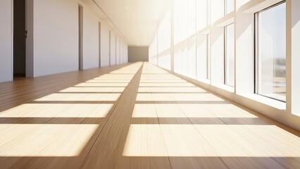 Modern minimalist corridor hallway with large windows natural sunlight wooden flooring geometric shadow patterns contemporary architecture interior design
