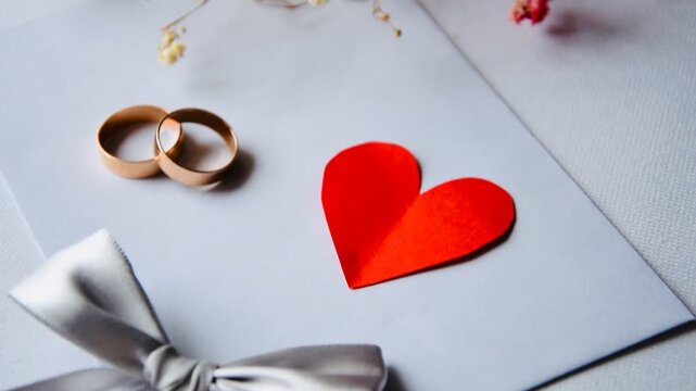 Wedding rings with red paper heart and silver ribbon on white background
