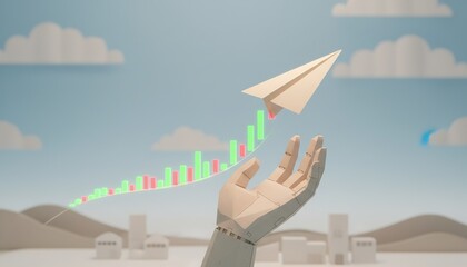 Paper airplane soars upward from open hand against a backdrop of financial growth charts and clouds.