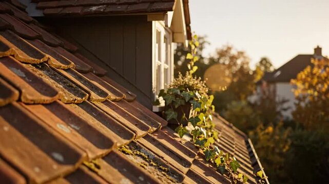 Low-angle shot of a house roof with a dormer window, potted plants, and autumn sunlight in the background.