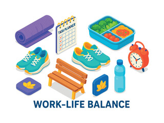 Work-life balance flat icon set. featuring yoga mat, task planner, lunchbox, sneakers, water bottle, and clock