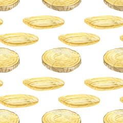 Seamless watercolor wood pattern with planks and tree rings. Seamless watercolor pattern with wooden planks, tree rings and wood shavings. Repeating natural wood background for packaging