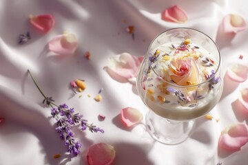 Floral infused drink in glass with rose petals and lavender