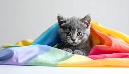 A cute, gray kitten peeks out from beneath a colorful rainbow-hued cloth, gazing directly at the viewer. A soft, neutral background