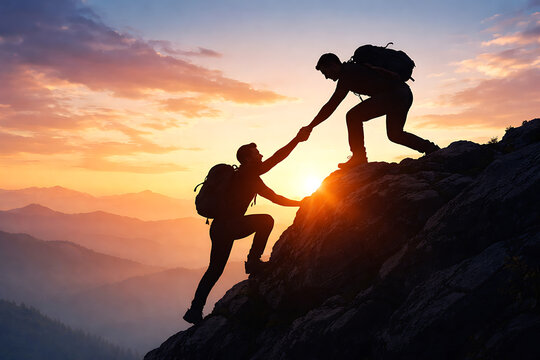 Hiker assisting fellow climber at sunset