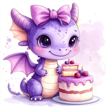 A cute, purple dragon with a pink bow and large eyes next to a frosted cake with lit candles