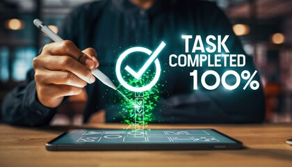 Digital workflow concept, checklist marked complete on a transparent tablet with stylus, task completion, productivity, automation, project success, and efficient business process management.
