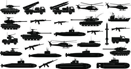 Military equipment silhouettes, tanks, helicopters, submarines, rifles, warship, missile launcher, black icons, weapon grid, defense gear, tactical illustration © MSTSHARMIN