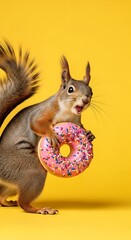 Squirrel with a donut on a yellow background.