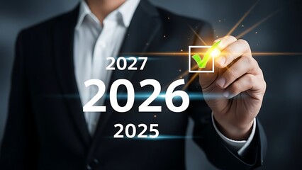 Businessman selecting a green checkmark for the year 2026 on a futuristic digital planning interface