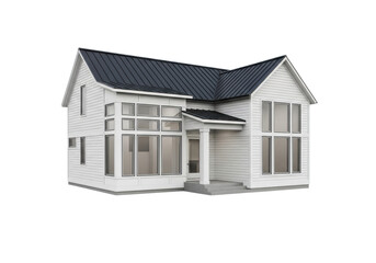 sleek, minimalist suburban house with crisp white siding and dark geometric windows, highly detailed 3/4 studio photograph, isolated on white background with copy space. Concept for high-end real