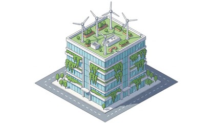 Modern eco-friendly building with rooftop wind turbines and lush vertical gardens