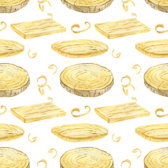 Seamless watercolor wood pattern with planks and tree rings. Seamless watercolor pattern with wooden planks, tree rings and wood shavings. Repeating natural wood background for packaging