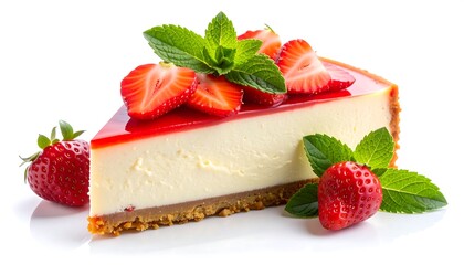 A delectable slice of dessert showcases a creamy cheesecake adorned with glistening red glaze, fresh strawberries, and vibrant mint leaves