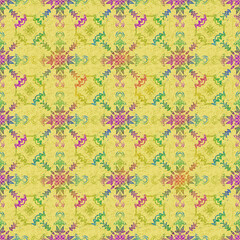 Psychedelic Seamless Rainbow Floral Mandala Pattern: Vibrant Damask Motifs in Bright Colors on a Faded Yellow Grunge Textured Background.