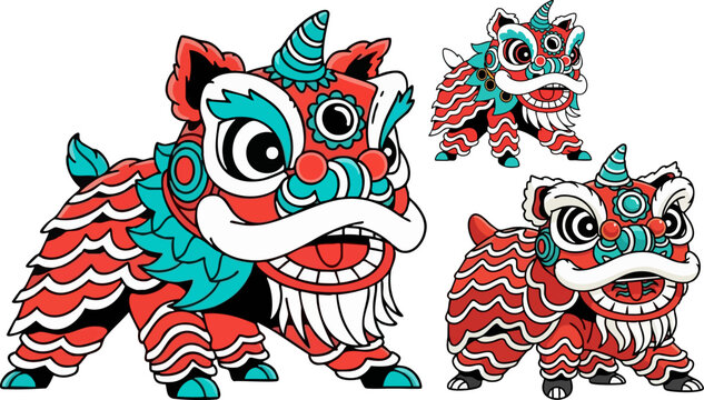 Traditional chinese lion dance costumes displayed in different sizes