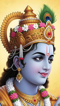 Portrait of lord krishna hindu deity with peacock feather crown
