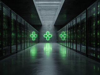 A modern data center featuring rows of server racks illuminated by vibrant green neon lights, creating a high tech atmosphere.