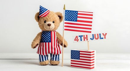Teddy Bear Celebrating Independence Day with American Flags.