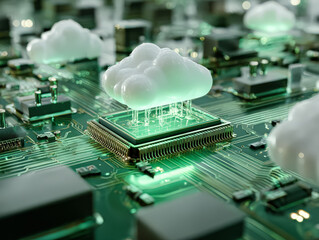 An artistic representation of cloud computing, featuring glowing cloud shapes above a green circuit board, symbolizing technology and data storage.