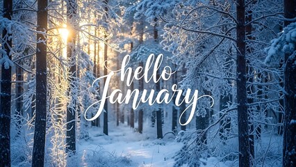Winter pine forest with sunlight filtering through snow-covered branches and Hello January decorative text overlay