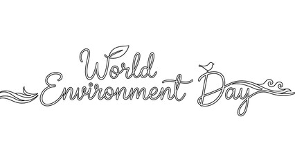 A single line art illustration featuring world environment day text with a bird and leaf isolated on white background