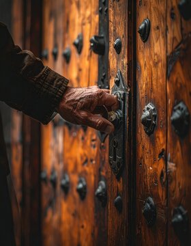 Weathered Aged Hand Reaching For Ornate Metal Door Knocker On A Textured Wooden Door With Studs Detailed And Moody Lighting