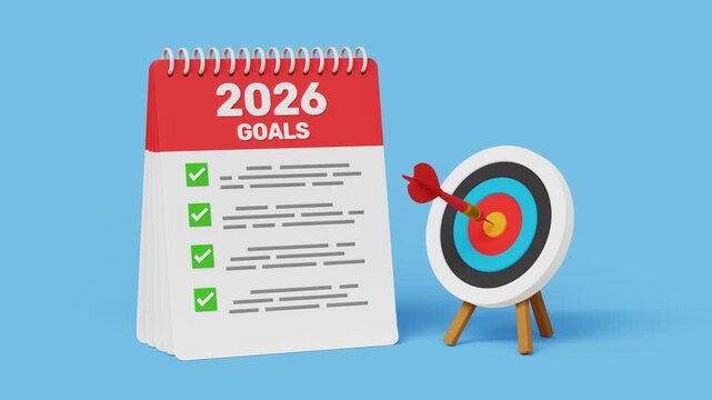 2026 Goals, New Targets, Action Plan, Goals Checklist, New Opportunities, Business and Personal Growth, Performance Tracking, Planning, Roadmap, Vision. Target with Goals list for 2026. 3D Video