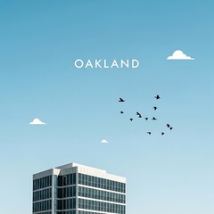 Oakland Cityscape - Modern Architecture and Bird Flight Under Blue Sky.