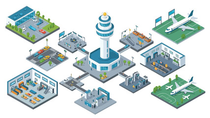 Isometric illustration of a modern airport complex with control tower and facilities