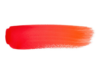 hyperdetailed, ultrarealistic macro photo of a wet watercolor paint swatch stroke featuring a scarlet red to coral orange gradient with feathered edges and granular texture, isolated on white.