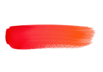 hyperdetailed, ultrarealistic macro photo of a wet watercolor paint swatch stroke featuring a scarlet red to coral orange gradient with feathered edges and granular texture, isolated on white.