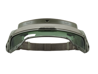 Military Tactical Helmet with Visor Isolated Against a Grey Background