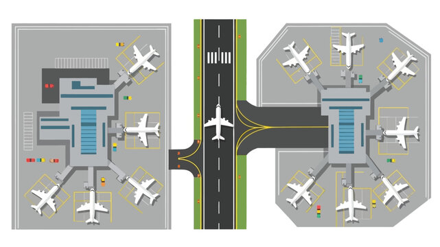 Aerial view of a colorful airport layout with planes and buildings