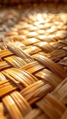 Golden Woven Texture Close Up With Sunlight Bokeh Effect And Warm Ambiance In Natural Material