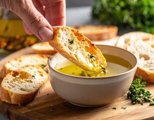 Hand Dipping Toasted Bread Slice With Herbs Into A Bowl Of Golden Olive Oil With Fresh Thyme Sprigs On A Wooden Board