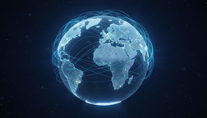 Global network of connections illuminated around a digital earth, representing international communication and data flow.