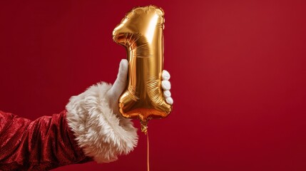A person in a Santa costume holding a gold-colored number one balloon on a rich red background