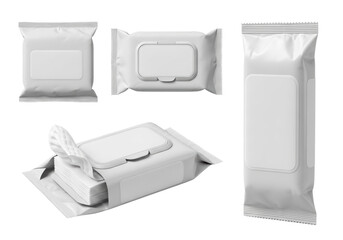 highly detailed set of four matte white flexible wet wipes packaging mockups, one dispensing moist wipes, isolated on a seamless transparent background, ultra-bright studio light. concept for