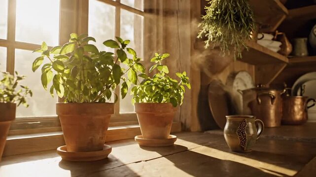 A sunlit rustic kitchen showcasing potted herbs on a wooden countertop, with warm sunlight streaming through the window, creating a cozy atmosphere and highlighting vintage kitchenware