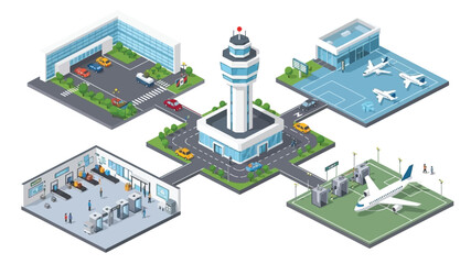 Isometric illustration of a modern airport complex with control tower and facilities © MD REZAUL KARIM