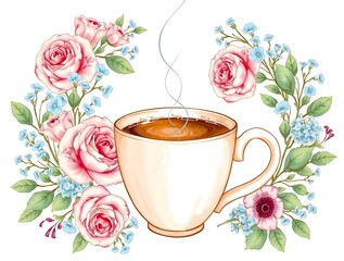 illustration of hot cup of coffee, with gentle steam rising from the cup, surrounded by a floral wreath of soft pink roses, baby blue forget-me-nots, and lush green eucalyptus