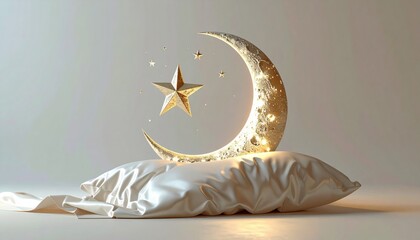 Golden Crescent Moon And Star Decoration Rests On A White Pillow Illuminated By Soft Light In A Studio Setting