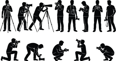 Collection of professional photographer silhouettes in various shooting poses with cameras tripods and telephoto lenses for photography business and creative media © Hello World