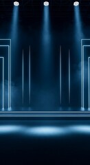 Illuminated Stage Design with Blue Lighting and Geometric Shapes.