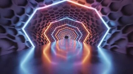 Futuristic tunnel with neon lights and hexagonal pattern on walls and floor - Powered by Adobe