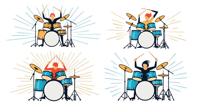 Set of four illustrations showing a musician playing a full drum kit with energy and motion lines indicating loud music performance. - Powered by Adobe