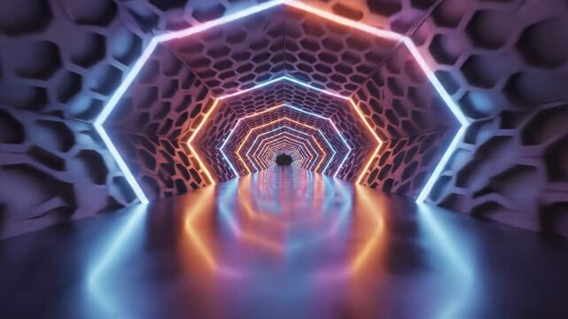 Futuristic tunnel with neon lights and hexagonal pattern on walls and floor