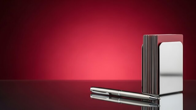 Professional Silver Business Card Holder with Red Cards and Sleek Pen on a Reflective Desk - Powered by Adobe