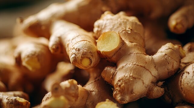 Close-up of several uncut, fresh rhizomes with an earthy brown color, one partially sliced to show the pale yellow interior